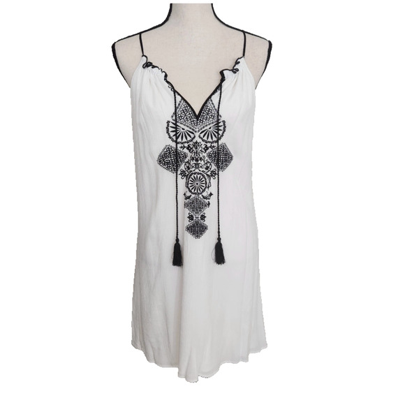 Y2K Crinkle Gauze Embroidered Tassel Halter Top Swim cover White Boho festive L - Picture 1 of 8